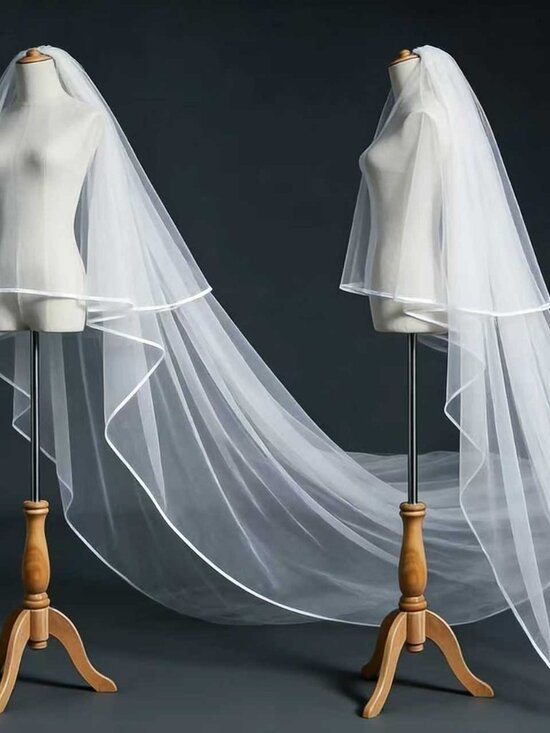 2 Tier Cathedral Wedding Veil Ribbon Edge Bridal Veil W/ Blusher White 3m main image 3
